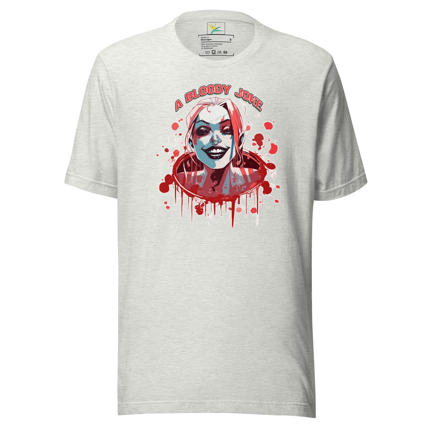Light light gray T-Shirt, girl smiling with clown style makeup, surrounded in blood