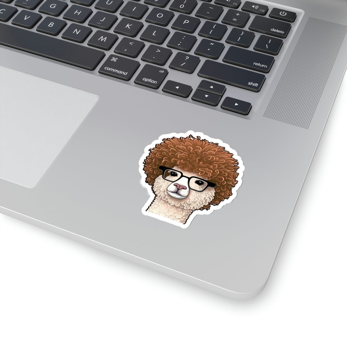 Hipster Alpaca with prescription eye glasses or fake eye glasses and a big brown afro white background sticker 2X2, 3X3, 4X4