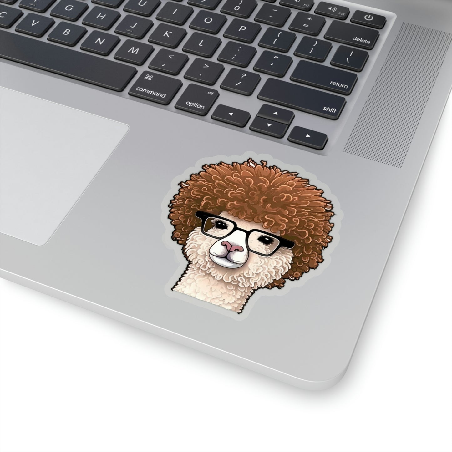 Hipster Alpaca with prescription eye glasses or fake eye glasses and a big brown afro clear background sticker 2X2, 3X3, or 4X4