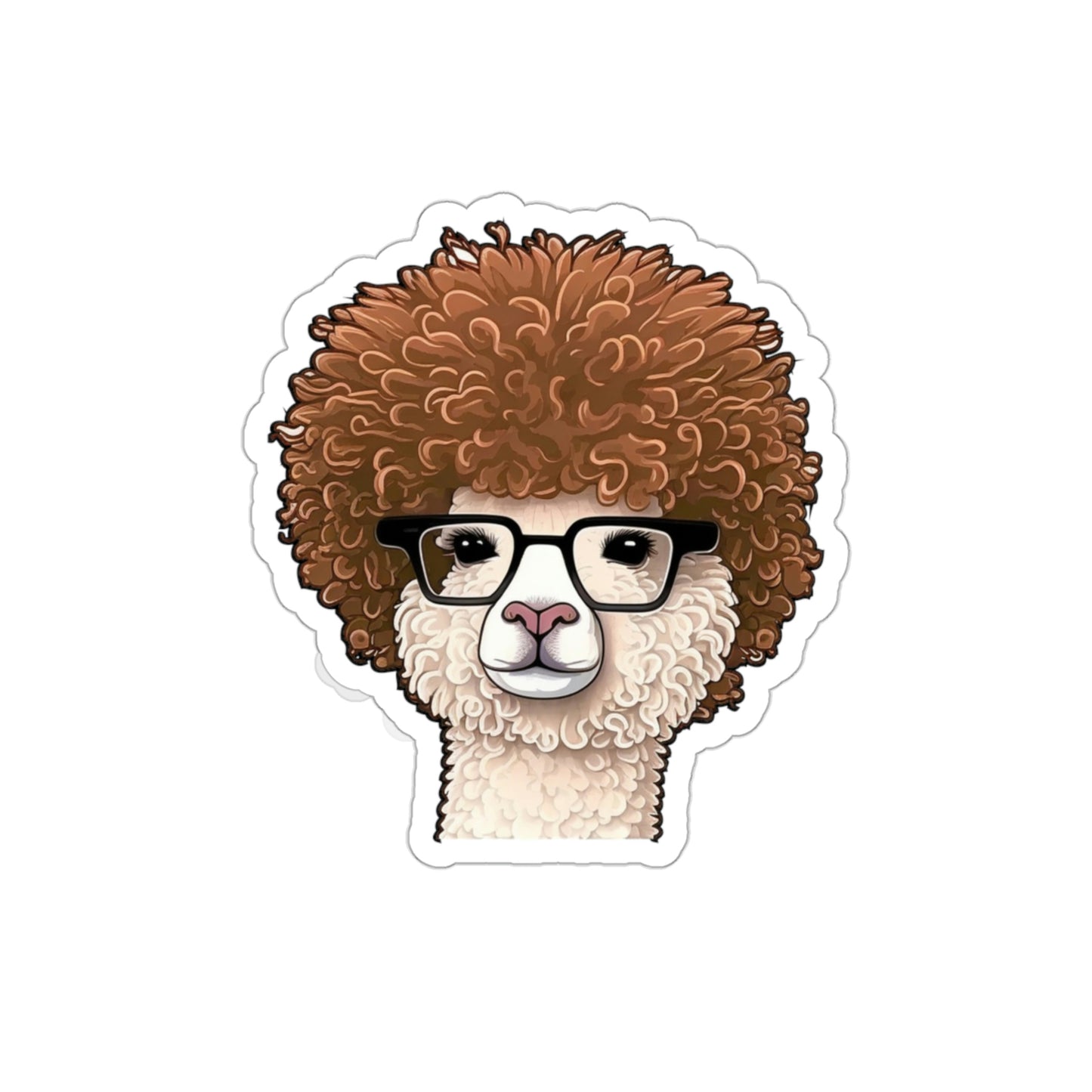 Hipster Alpaca with prescription eye glasses or fake eye glasses and a big brown afro white background sticker 2X2, 3X3, 4X4