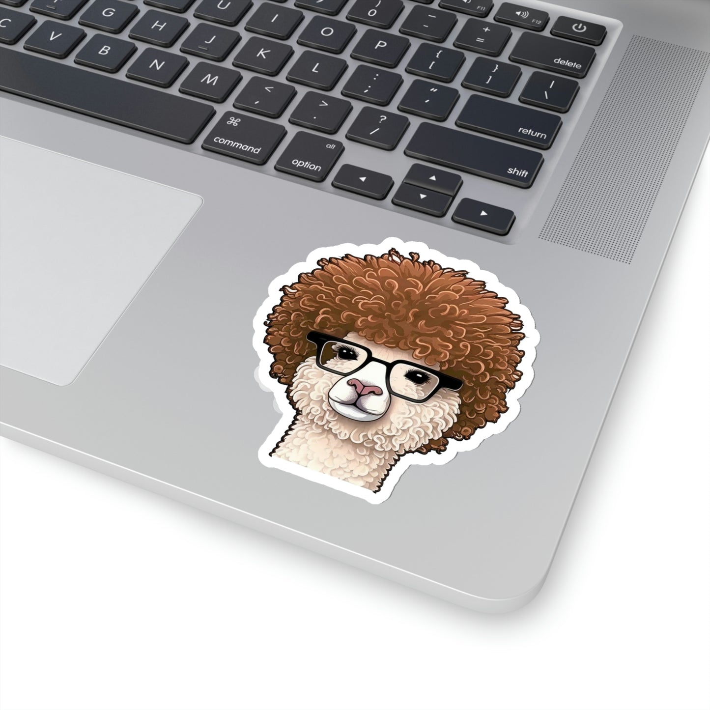 Hipster Alpaca with prescription eye glasses or fake eye glasses and a big brown afro white background sticker 2X2, 3X3, or 4X4