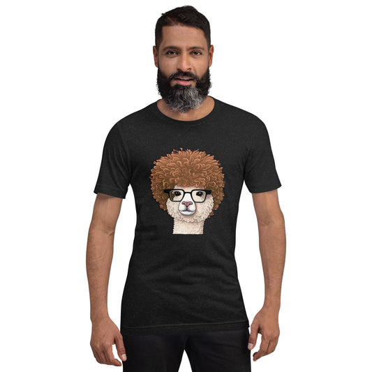 Distressed black T-shirt with Hipster Alpaca with prescription eye glasses or fake eye glasses and a big brown afro 