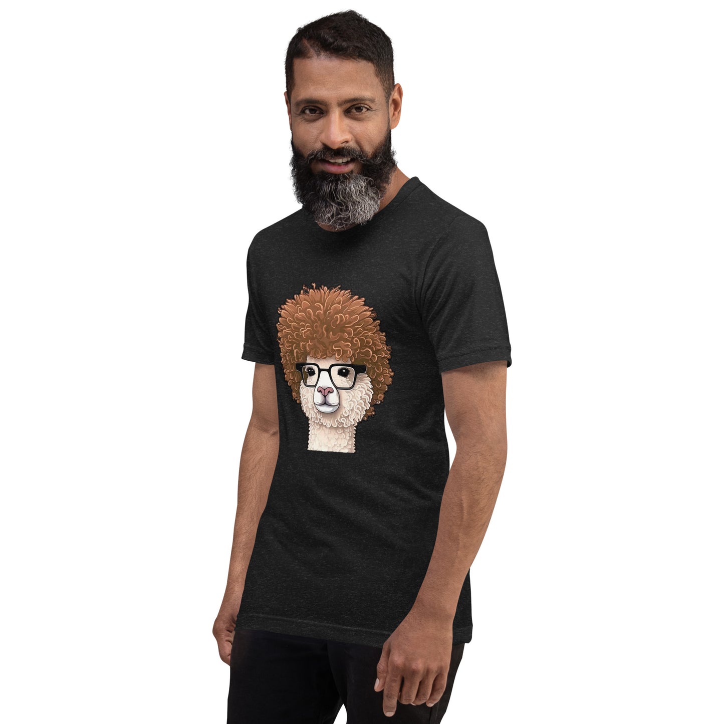 Distressed black T-shirt with Hipster Alpaca with prescription eye glasses or fake eye glasses and a big brown afro 