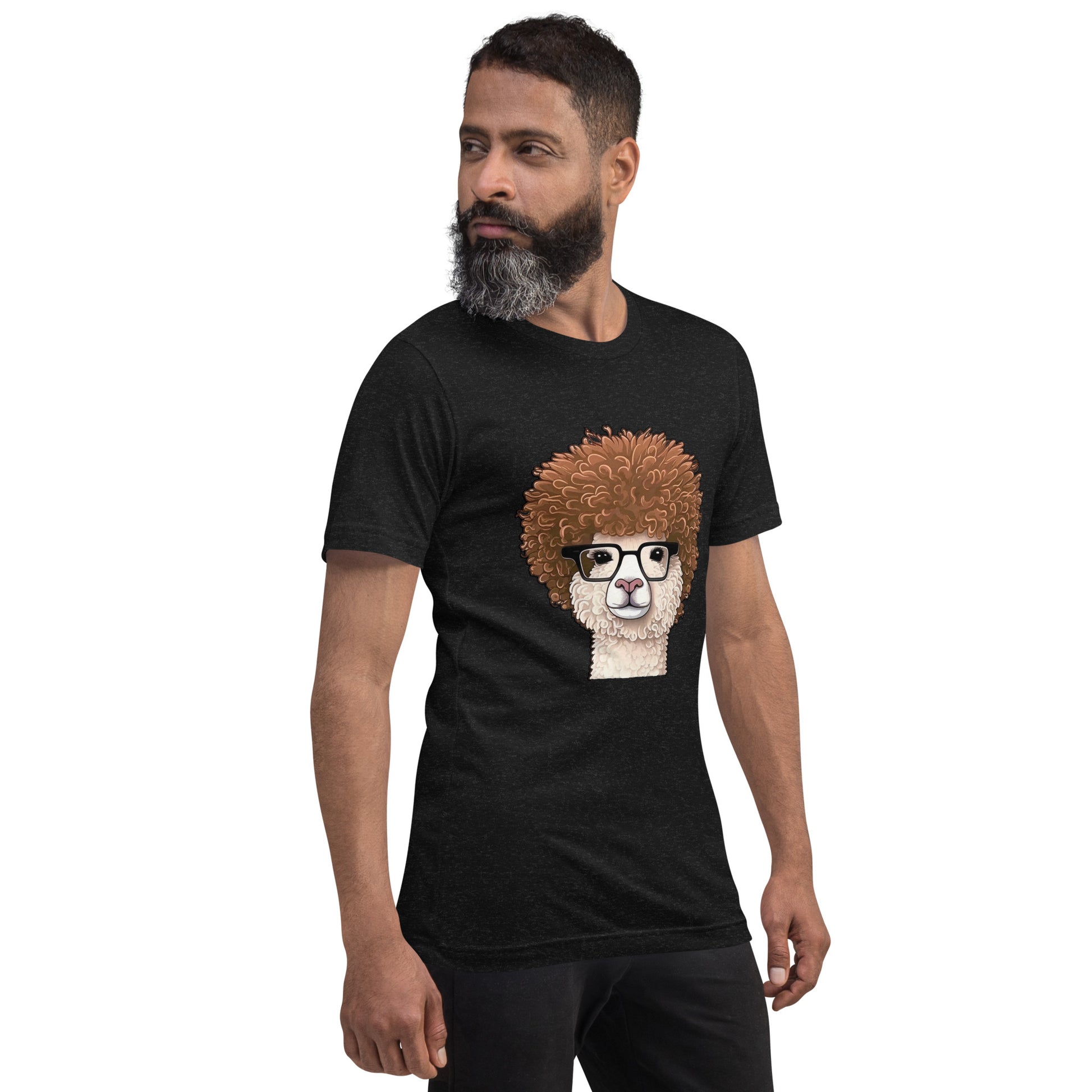 Distressed black T-shirt with Hipster Alpaca with prescription eye glasses or fake eye glasses and a big brown afro 