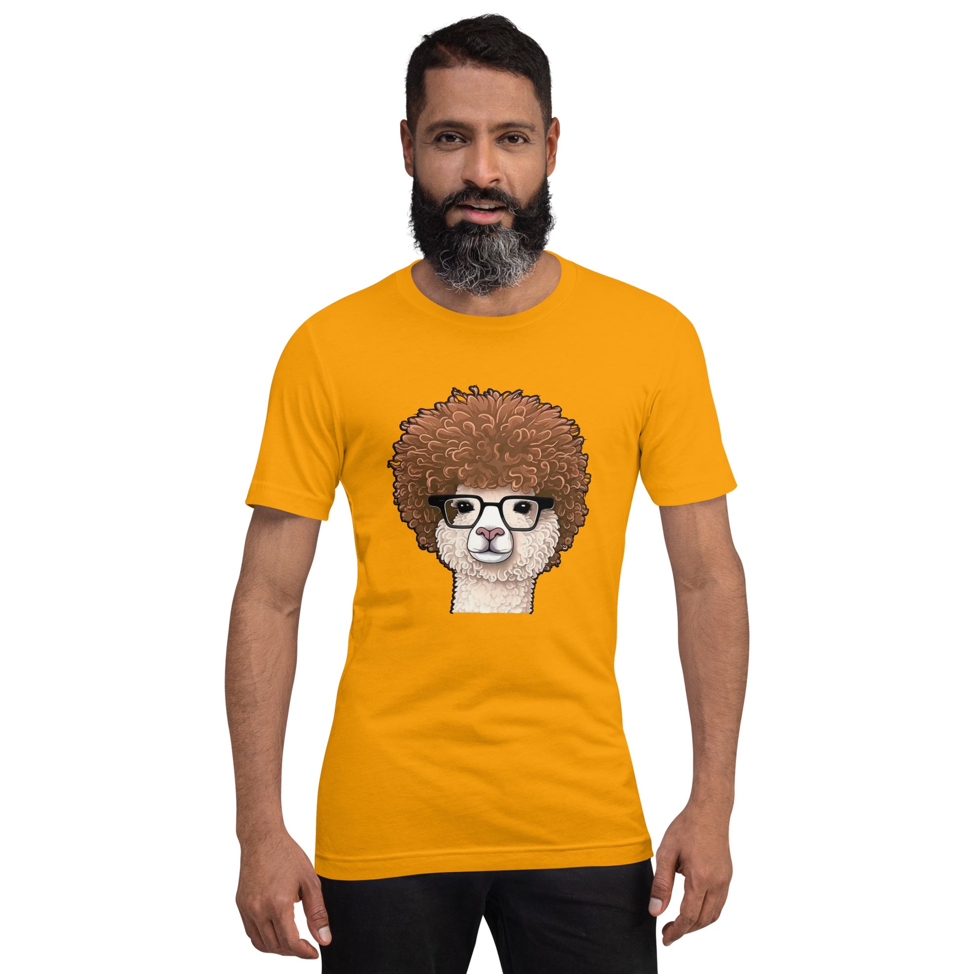 Gold T-shirt with Hipster Alpaca with prescription eye glasses or fake eye glasses and a big brown afro