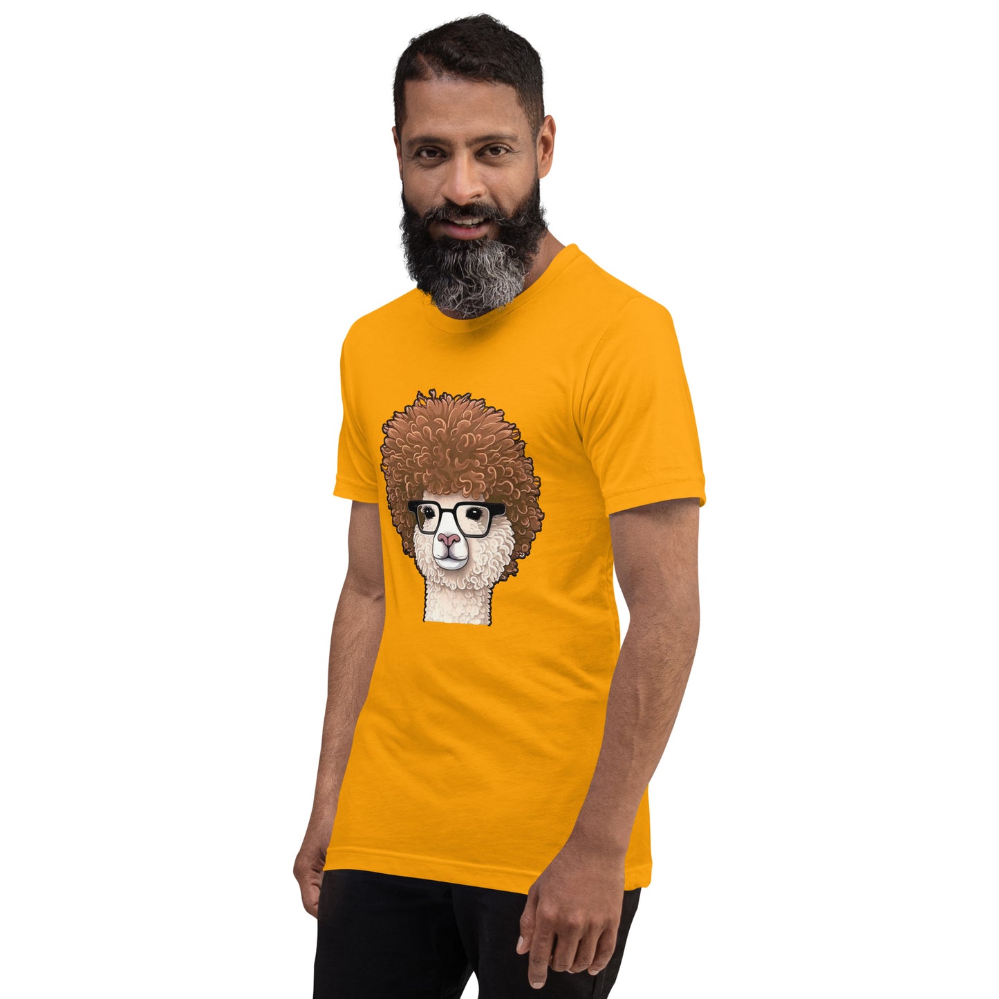 Gold T-shirt with Hipster Alpaca with prescription eye glasses or fake eye glasses and a big brown afro