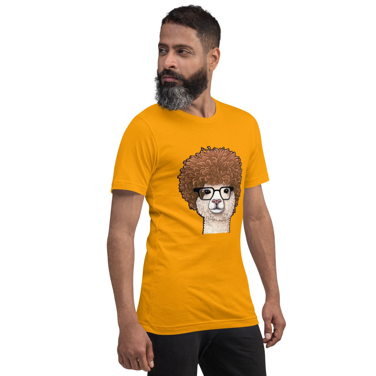 Gold T-shirt with Hipster Alpaca with prescription eye glasses or fake eye glasses and a big brown afro