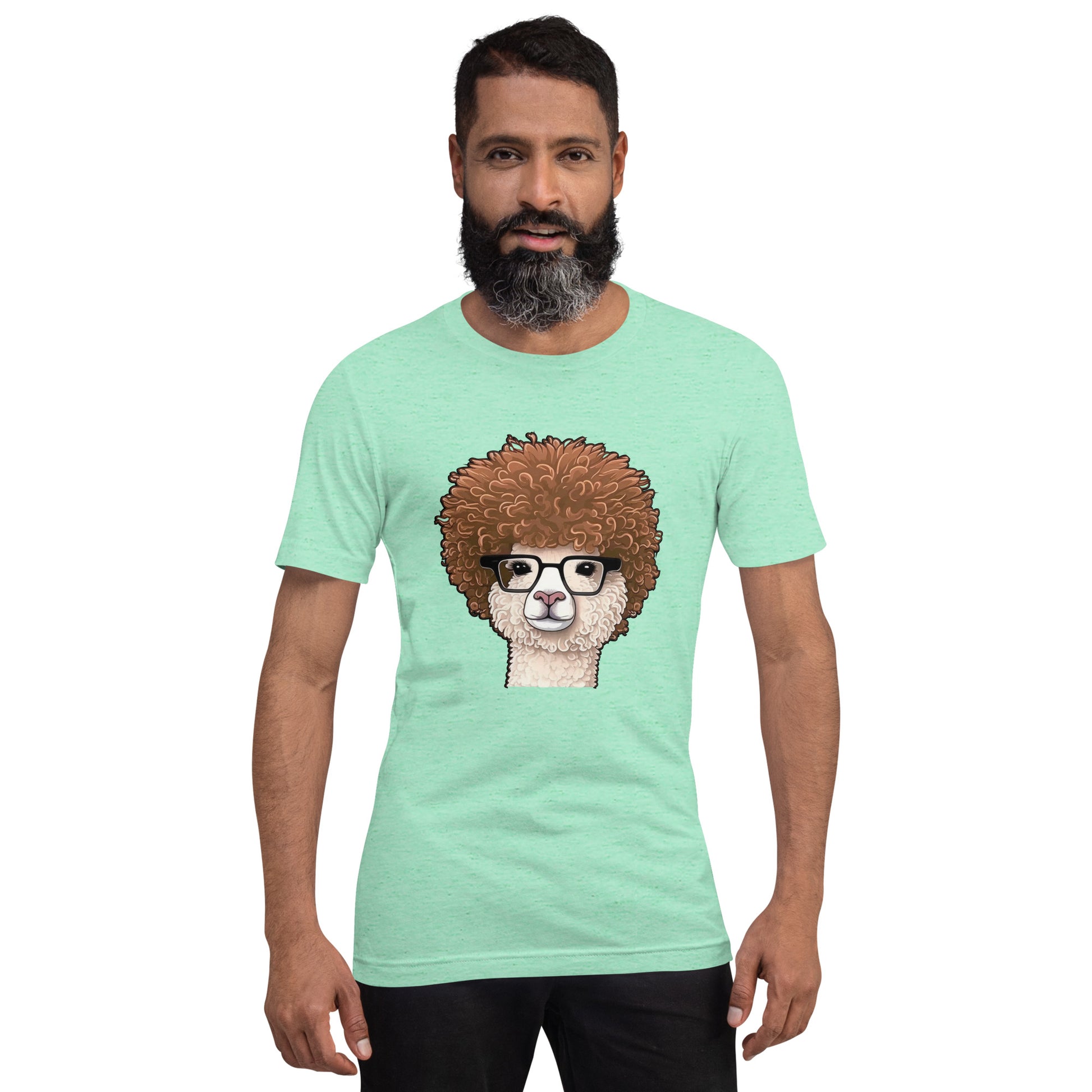 Mint green T-shirt with Hipster Alpaca with prescription eye glasses or fake eye glasses and a big brown afro