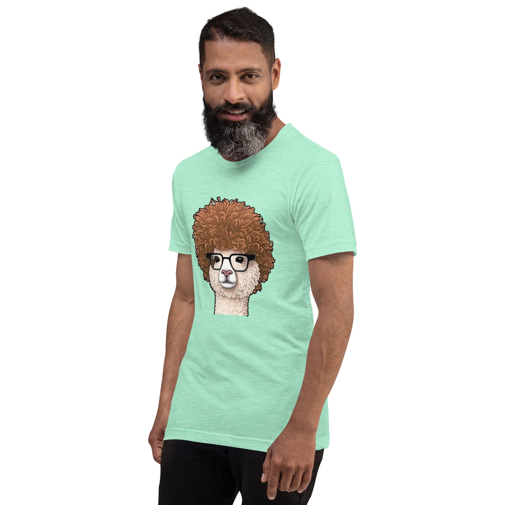 Mint green T-shirt with Hipster Alpaca with prescription eye glasses or fake eye glasses and a big brown afro