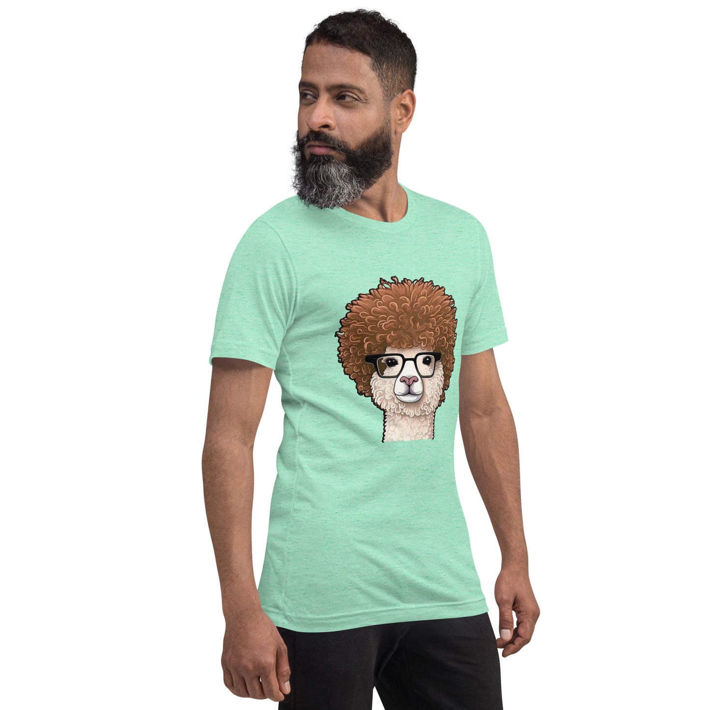 Mint green T-shirt with Hipster Alpaca with prescription eye glasses or fake eye glasses and a big brown afro