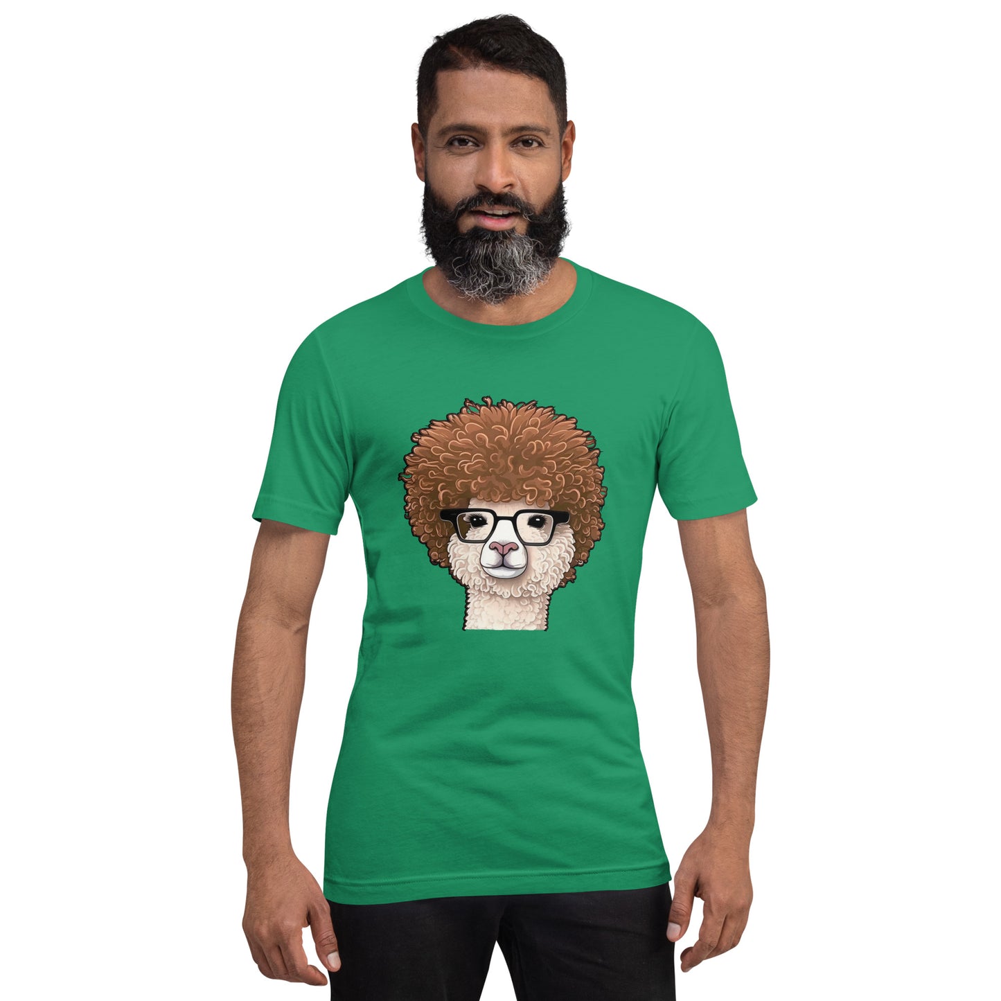 Green T-shirt with Hipster Alpaca with prescription eye glasses or fake eye glasses and a big brown afro