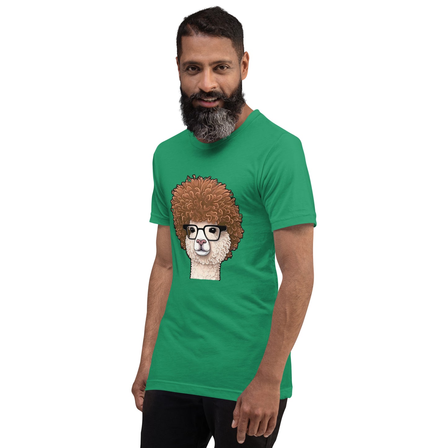 Green T-shirt with Hipster Alpaca with prescription eye glasses or fake eye glasses and a big brown afro