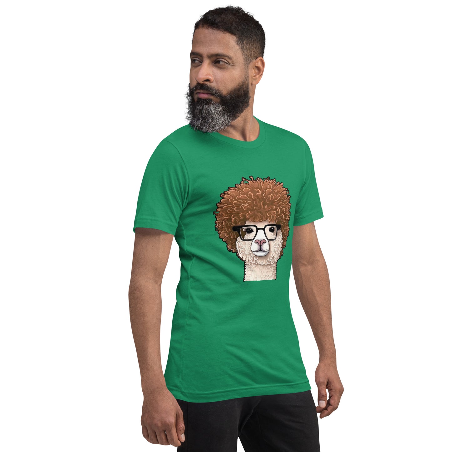 Green T-shirt with Hipster Alpaca with prescription eye glasses or fake eye glasses and a big brown afro