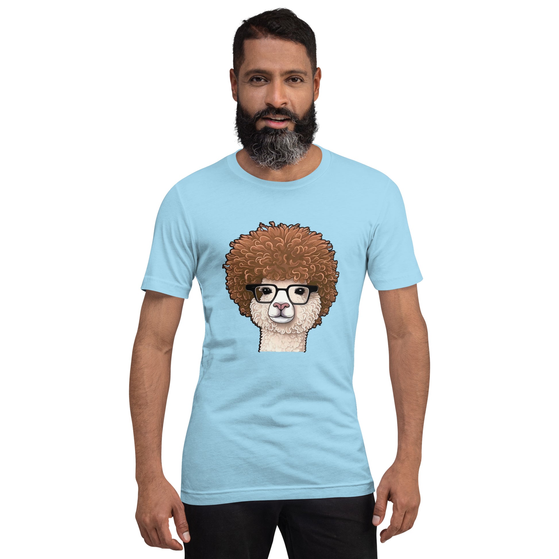 Light blue T-shirt with Hipster Alpaca with prescription eye glasses or fake eye glasses and a big brown afro