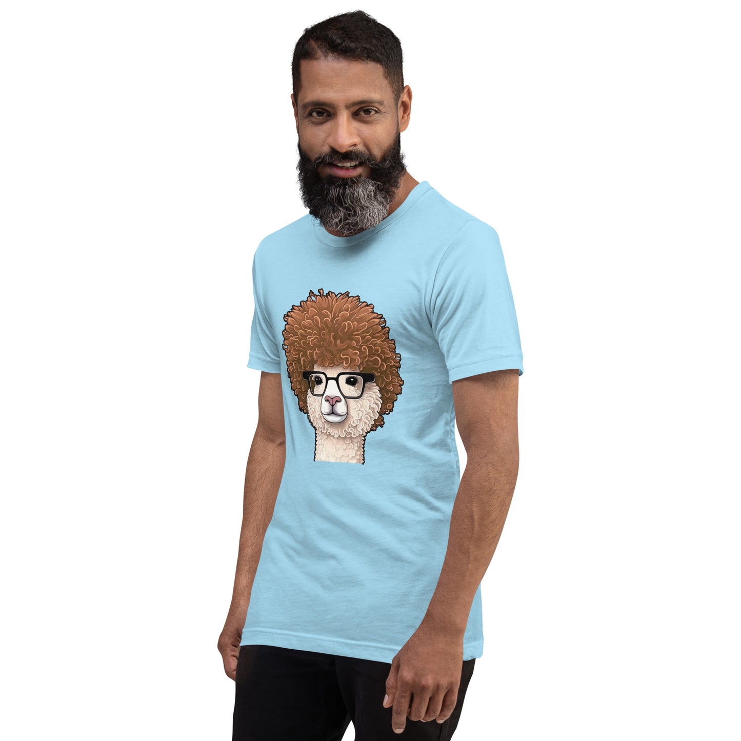 Light blue T-shirt with Hipster Alpaca with prescription eye glasses or fake eye glasses and a big brown afro