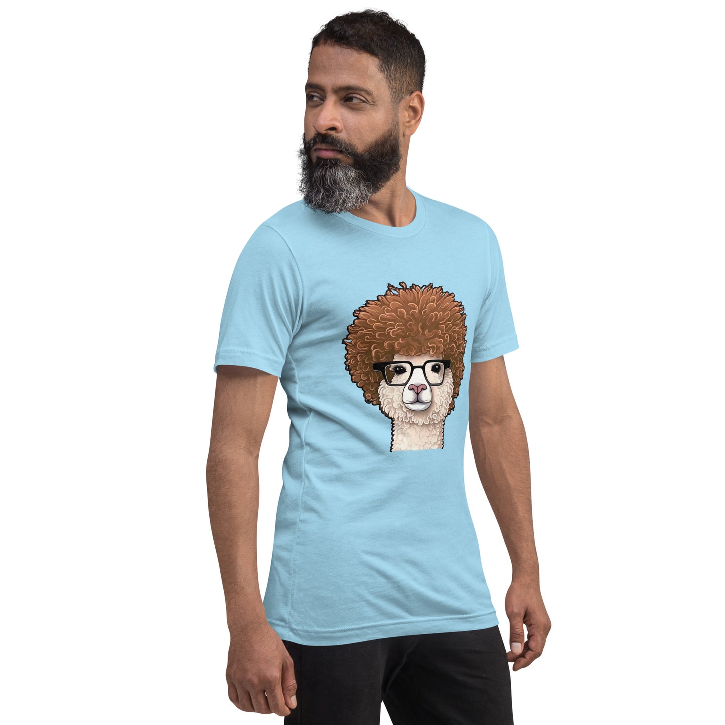 Light blue T-shirt with Hipster Alpaca with prescription eye glasses or fake eye glasses and a big brown afro