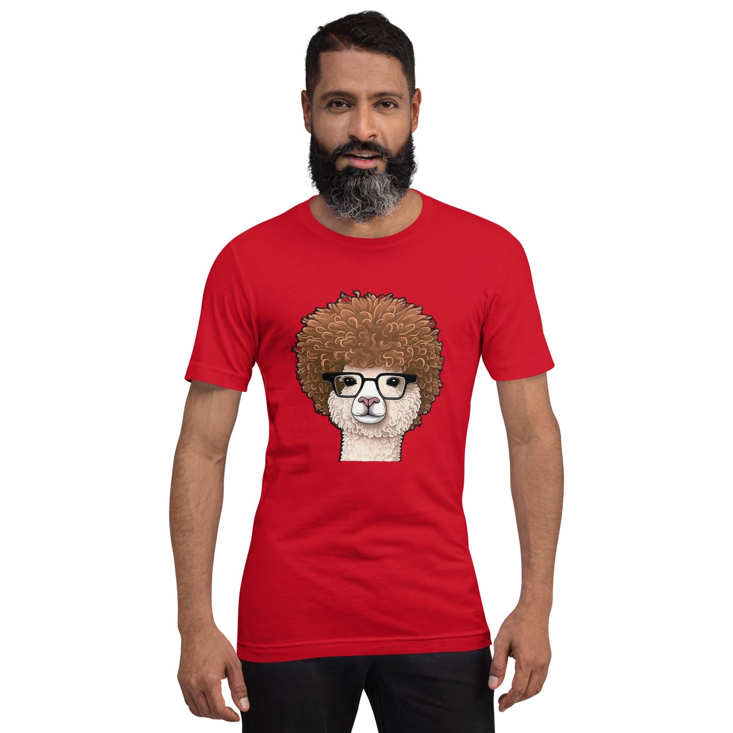 Red T-shirt with Hipster Alpaca with prescription eye glasses or fake eye glasses and a big brown afro 