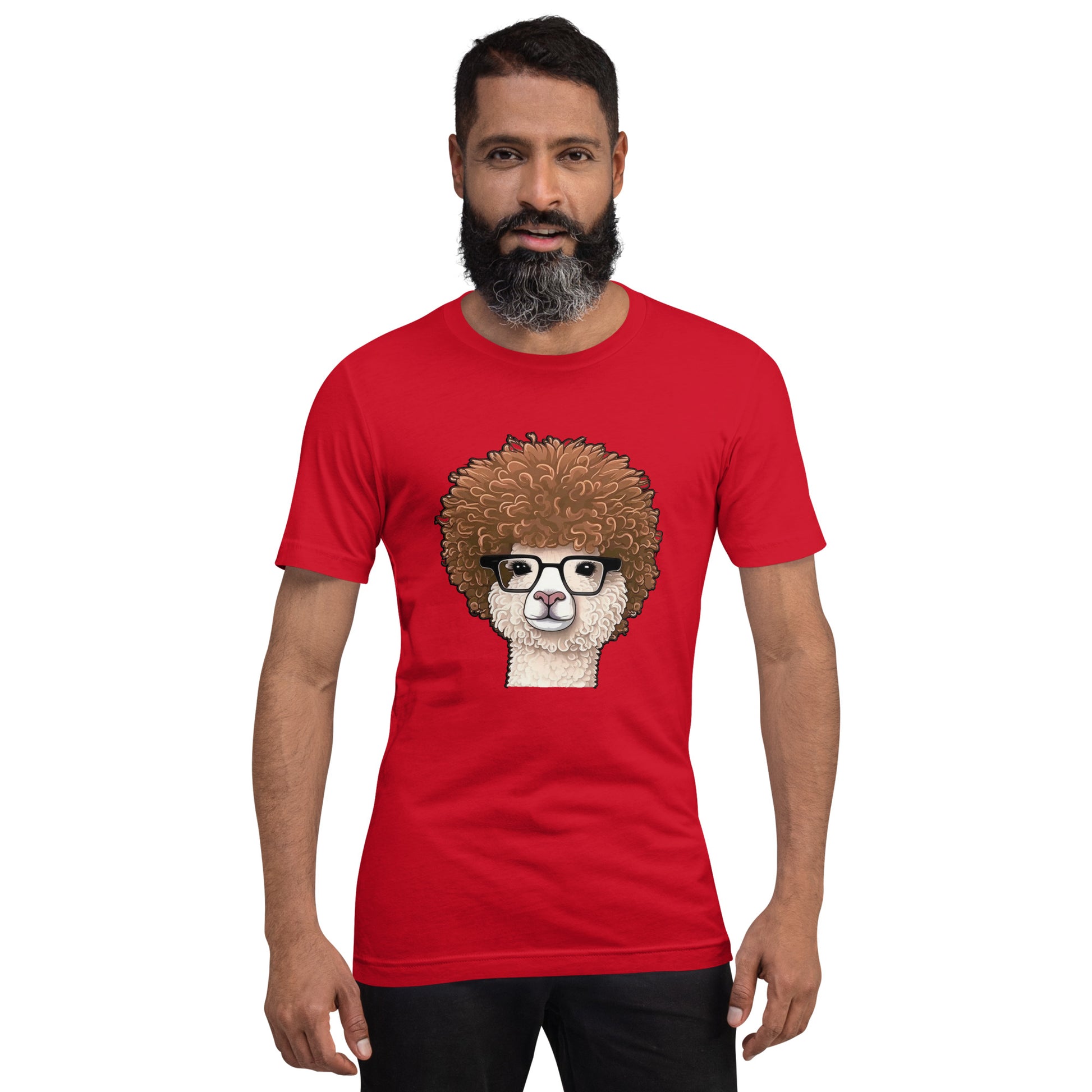 Red T-shirt with Hipster Alpaca with prescription eye glasses or fake eye glasses and a big brown afro 