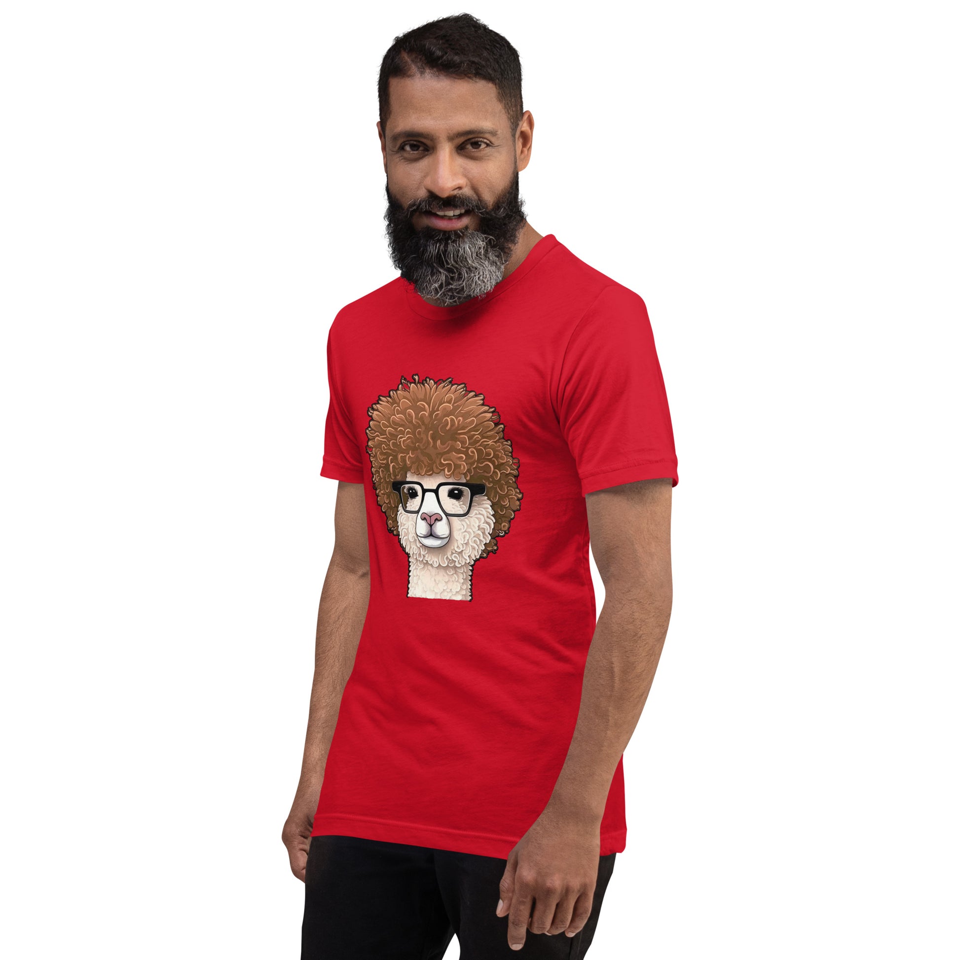 Red T-shirt with Hipster Alpaca with prescription eye glasses or fake eye glasses and a big brown afro 