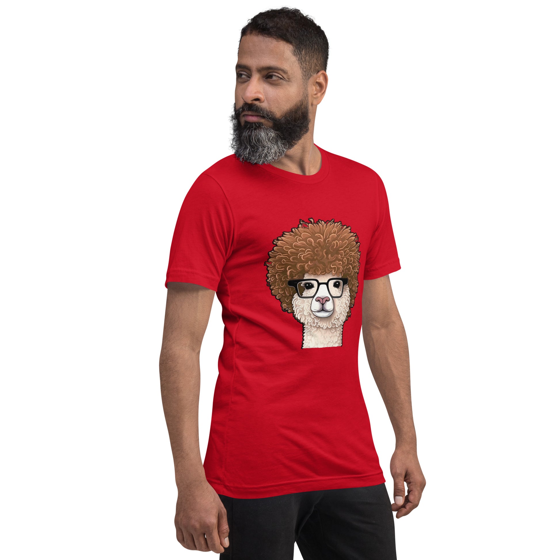 Red T-shirt with Hipster Alpaca with prescription eye glasses or fake eye glasses and a big brown afro