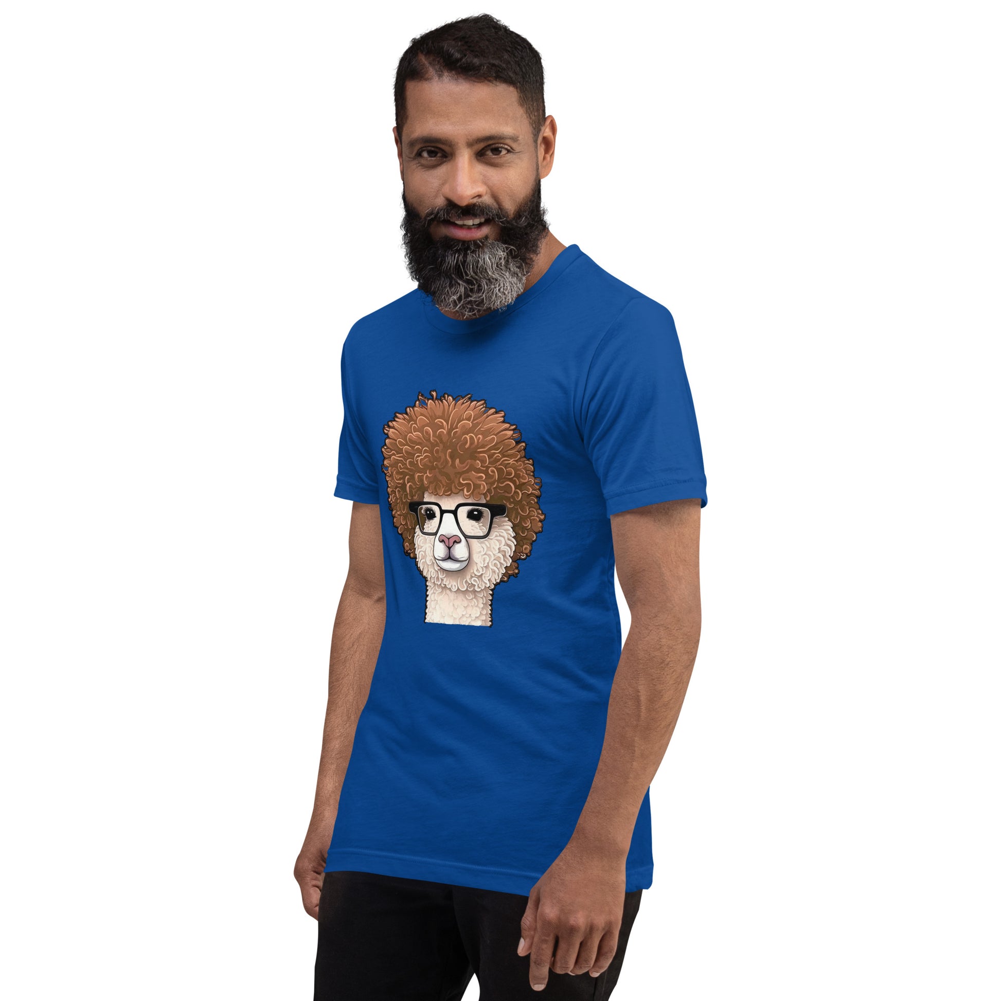 Royal Blue T-shirt with Hipster Alpaca with prescription eye glasses or fake eye glasses and a big brown afro