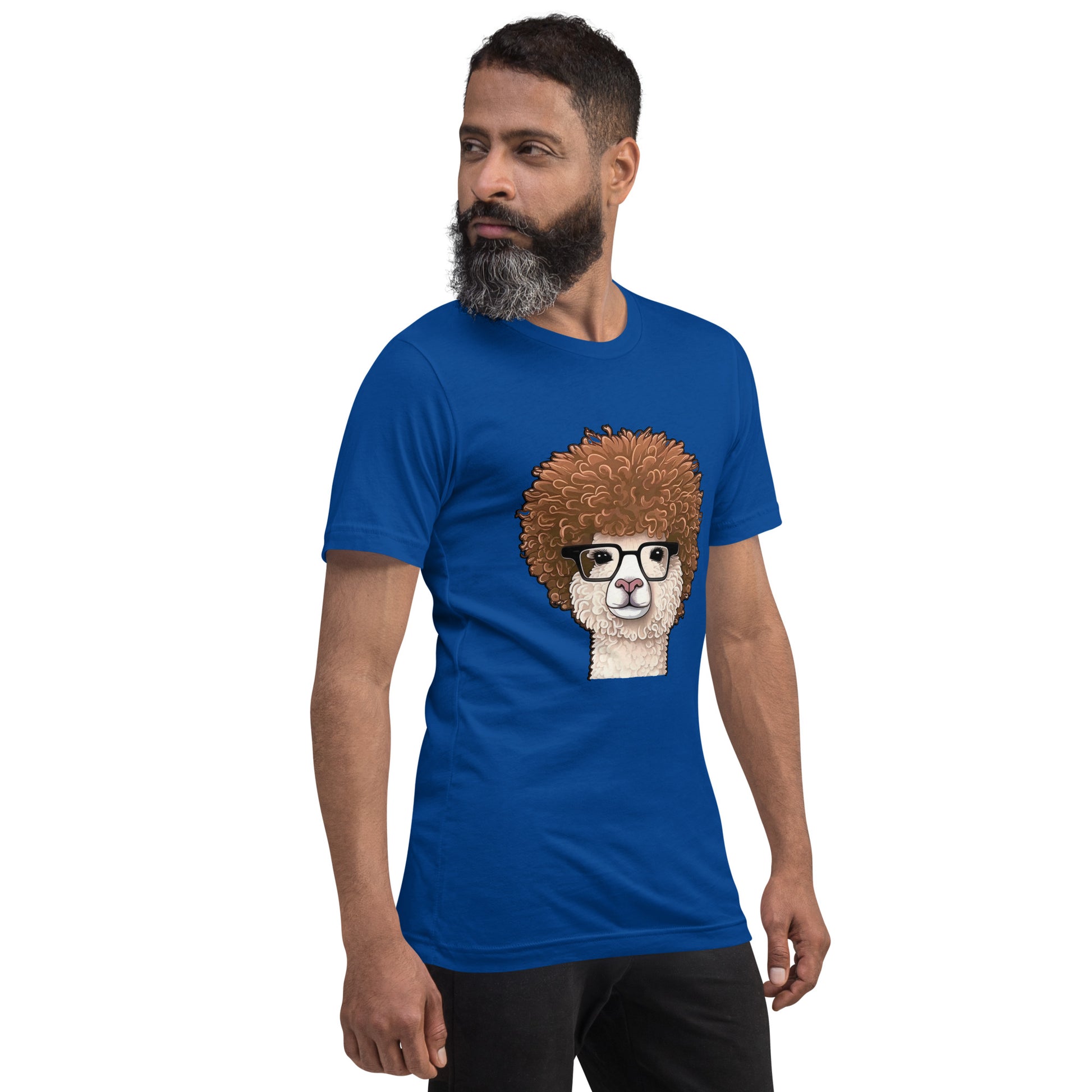 Royal Blue T-shirt with Hipster Alpaca with prescription eye glasses or fake eye glasses and a big brown afro