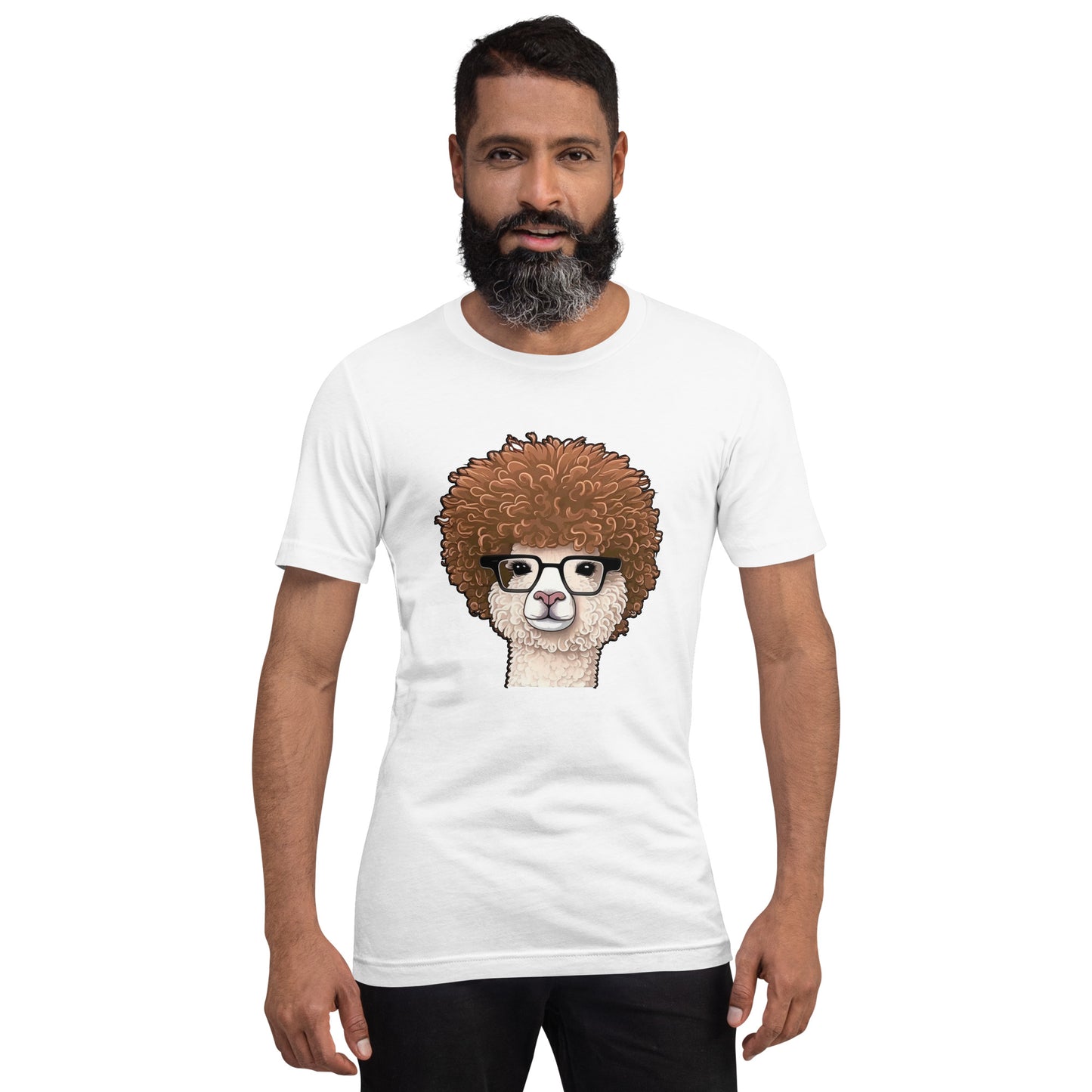 White T-shirt with Hipster Alpaca with prescription eye glasses or fake eye glasses and a big brown afro