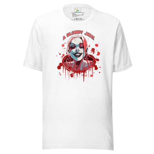 White T-Shirt, girl smiling with clown style makeup, surrounded in blood