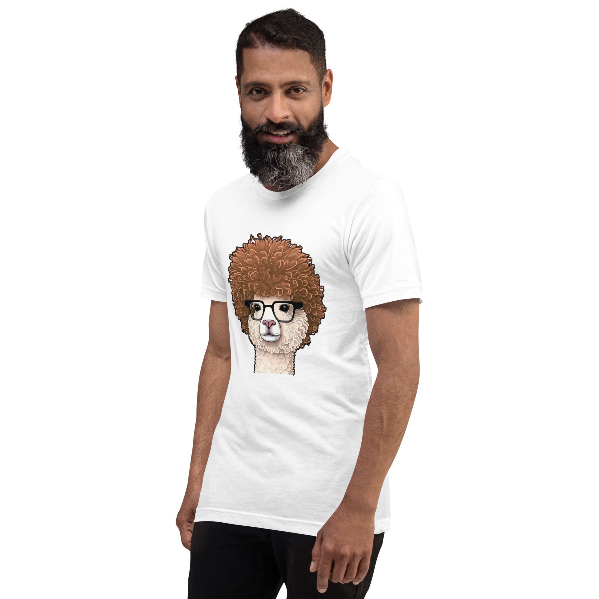 White T-shirt with Hipster Alpaca with prescription eye glasses or fake eye glasses and a big brown afro