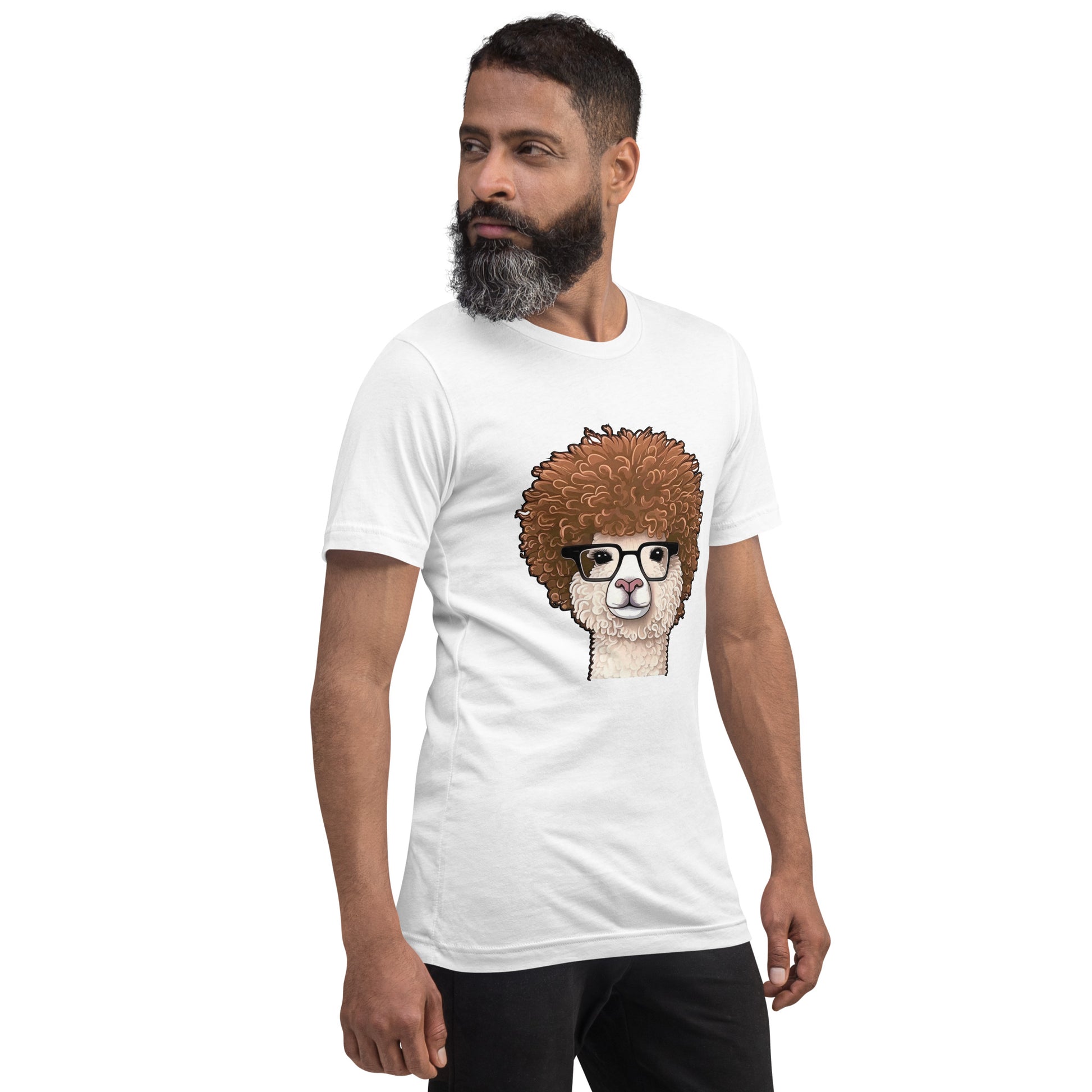 White T-shirt with Hipster Alpaca with prescription eye glasses or fake eye glasses and a big brown afro