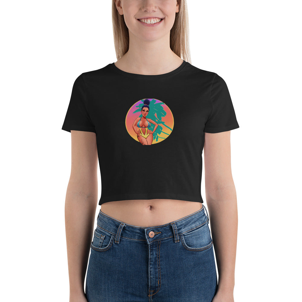 black women's crop top with bikini girl on front standing in front of palm trees