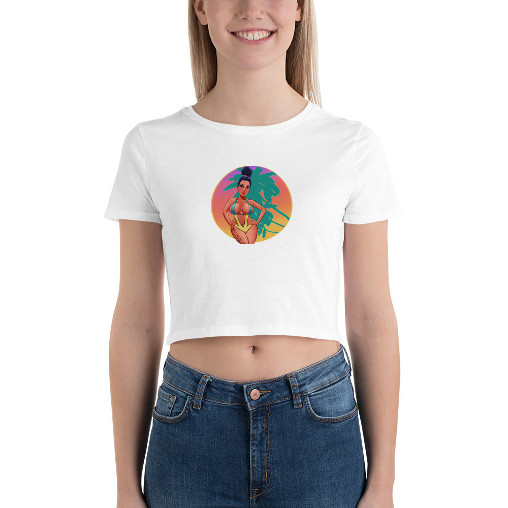 white women's crop top with bikini girl on front standing in front of palm trees