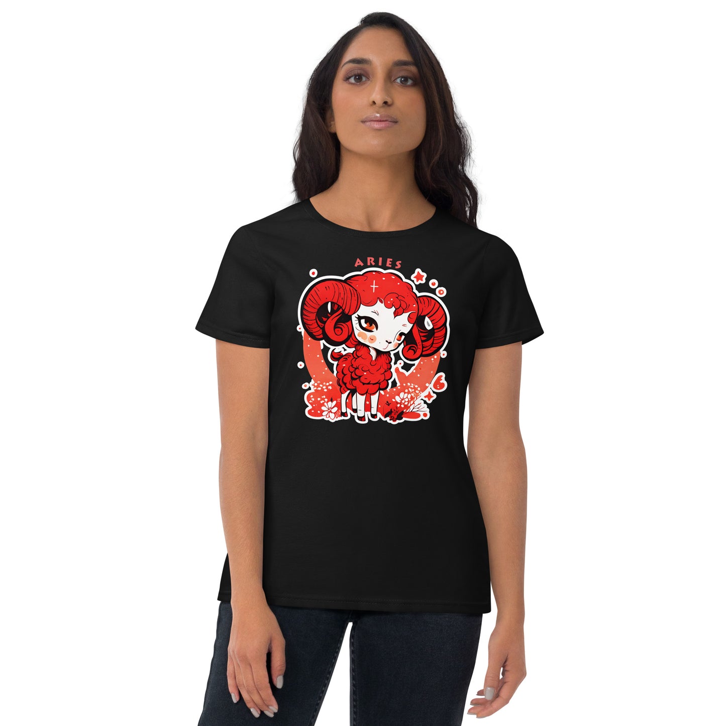 Black short sleeve T-Shirt with red Zodiac sign Aries with white outline on the front