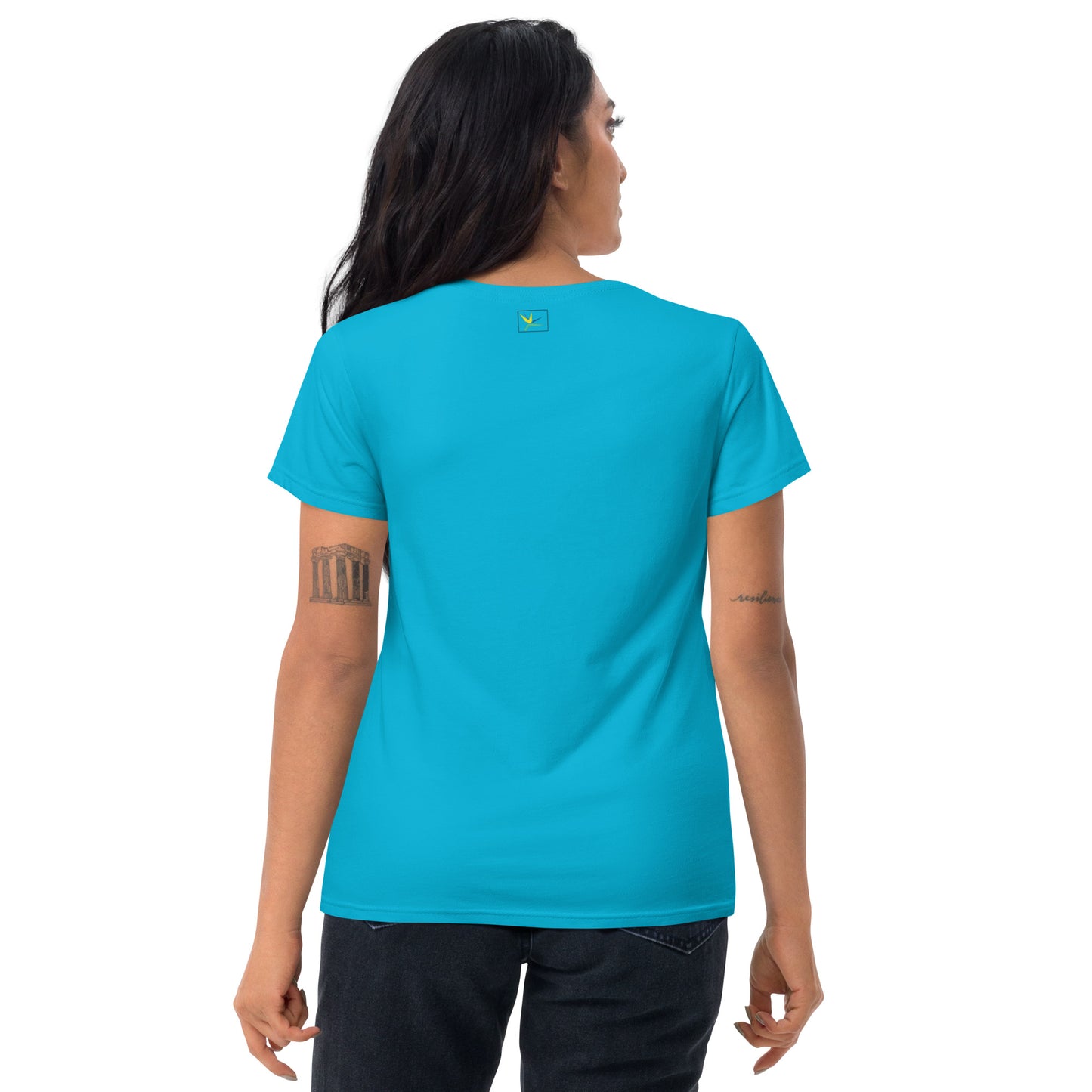 Caribbean blue short sleeve T-Shirt with red Zodiac sign Aries with white outline on the front, and logo of Paradise on Toast design on the back