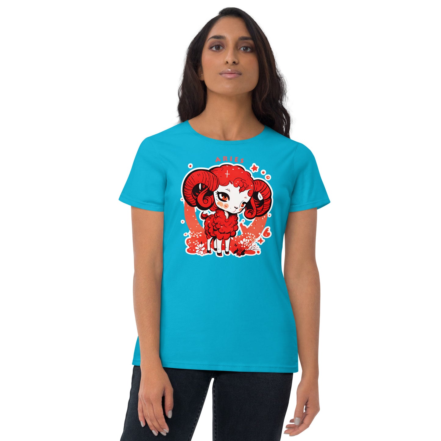 Caribbean blue short sleeve T-Shirt with red Zodiac sign Aries with white outline on the front, and logo of Paradise on Toast design on the back