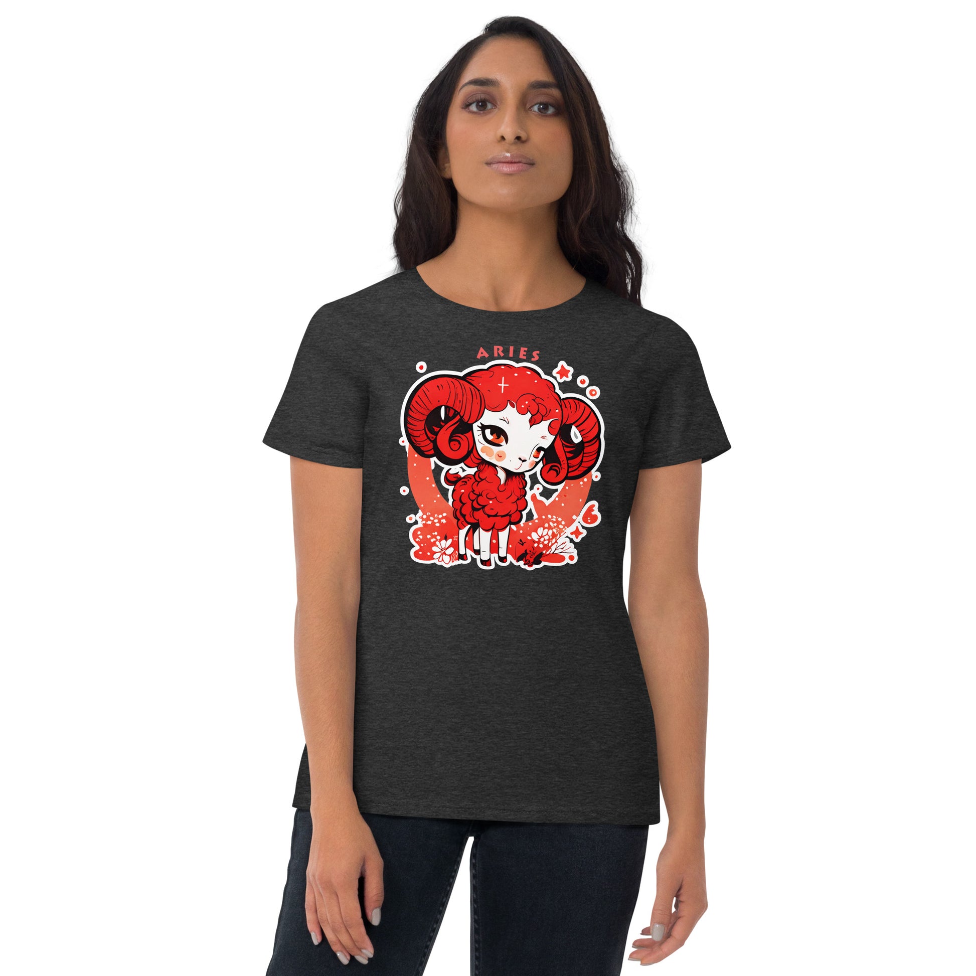 Dark gray short sleeve T-Shirt with red Zodiac sign Aries with white outline on the front, and logo of Paradise on Toast design on the back