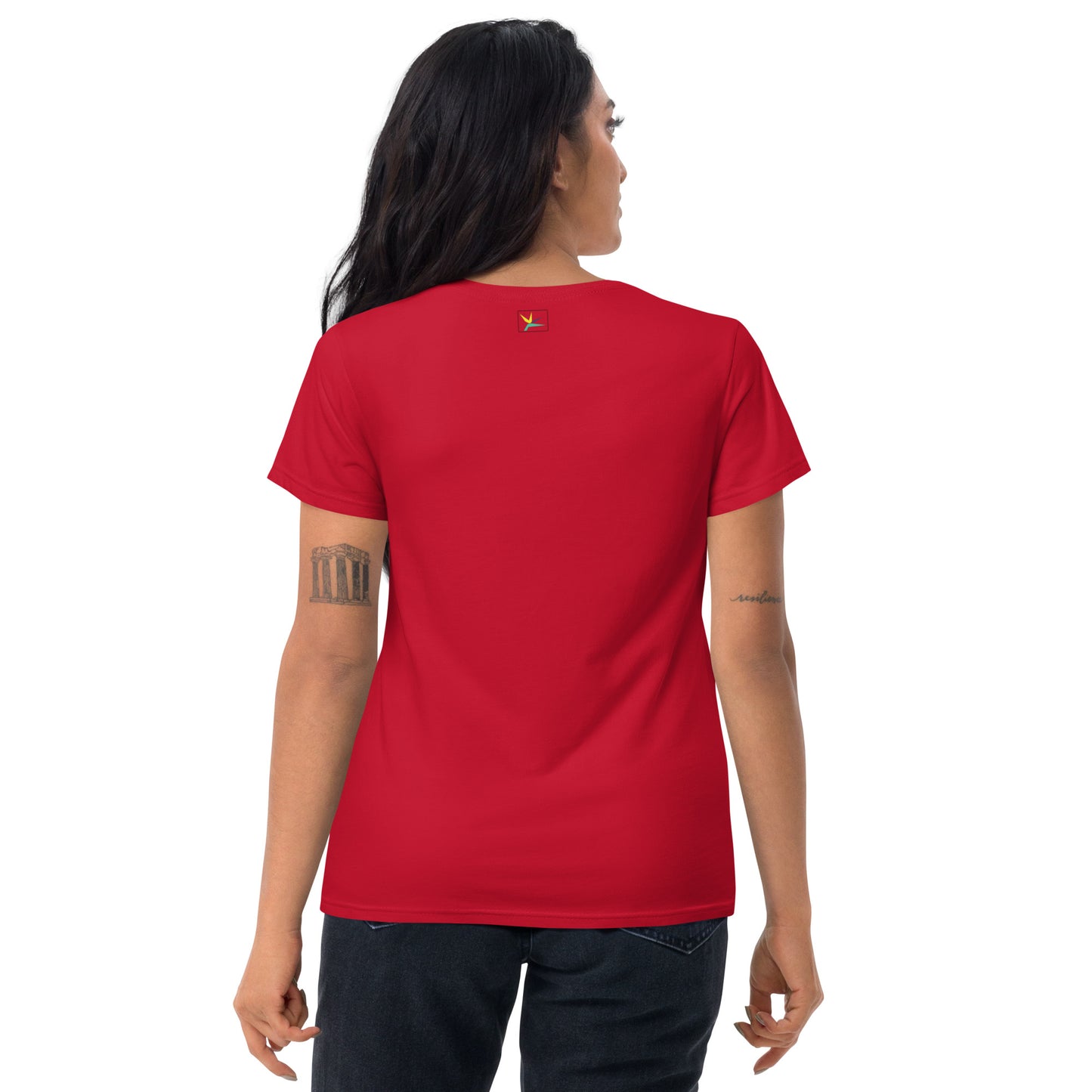 Red short sleeve T-Shirt with red Zodiac sign Aries with white outline on the front, and logo of Paradise on Toast design on the back