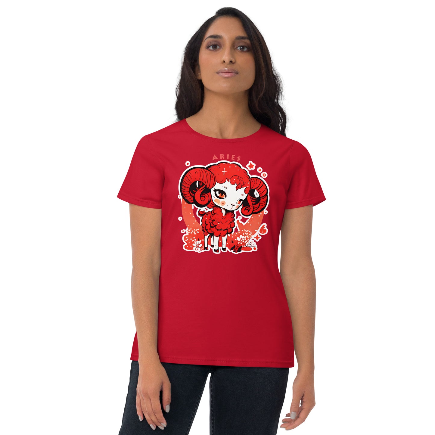 red short sleeve T-Shirt with red Zodiac sign Aries with white outline on the front, and logo of Paradise on Toast design on the back