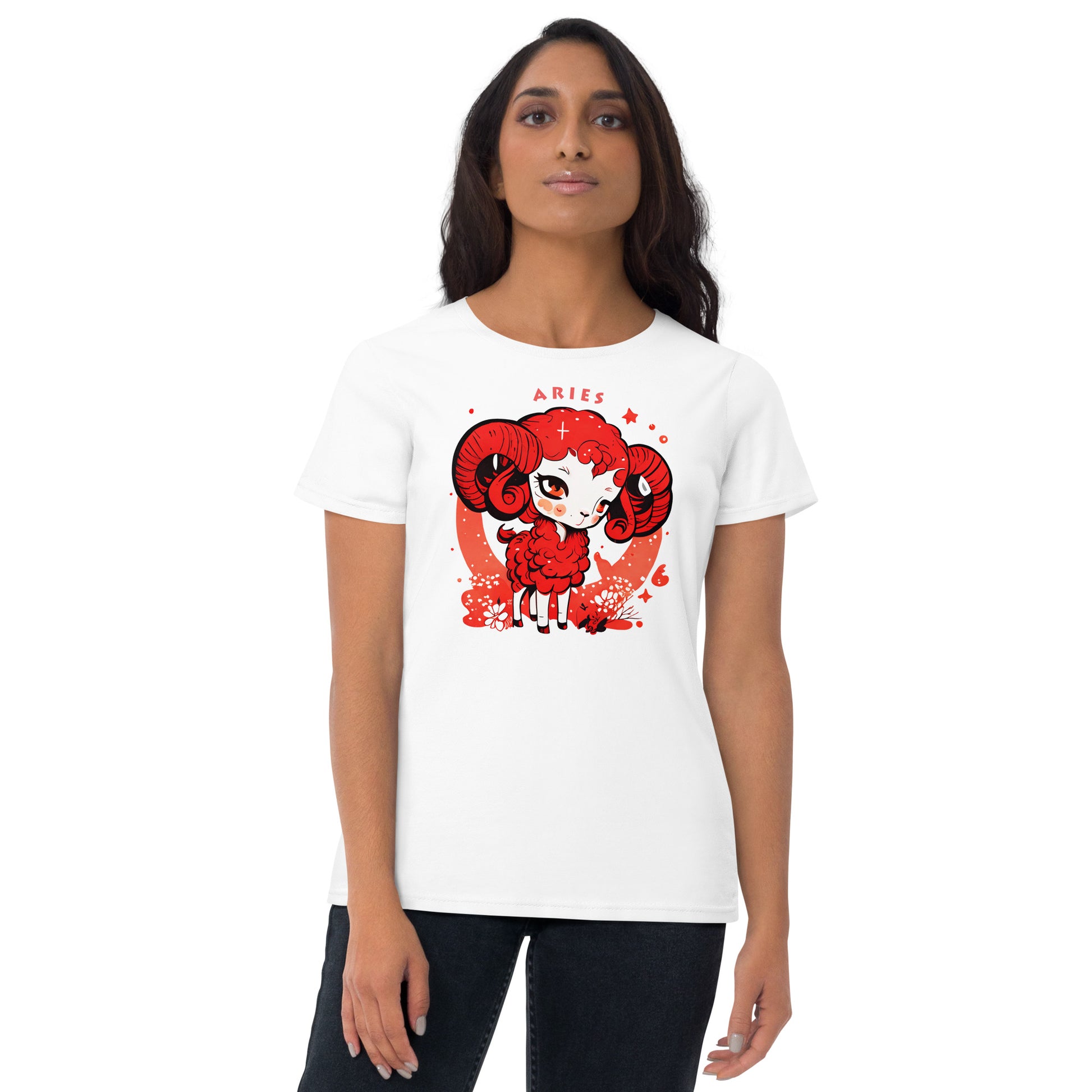 White short sleeve T-Shirt with red Zodiac sign Aries with white outline on the front, and logo of Paradise on Toast design on the back